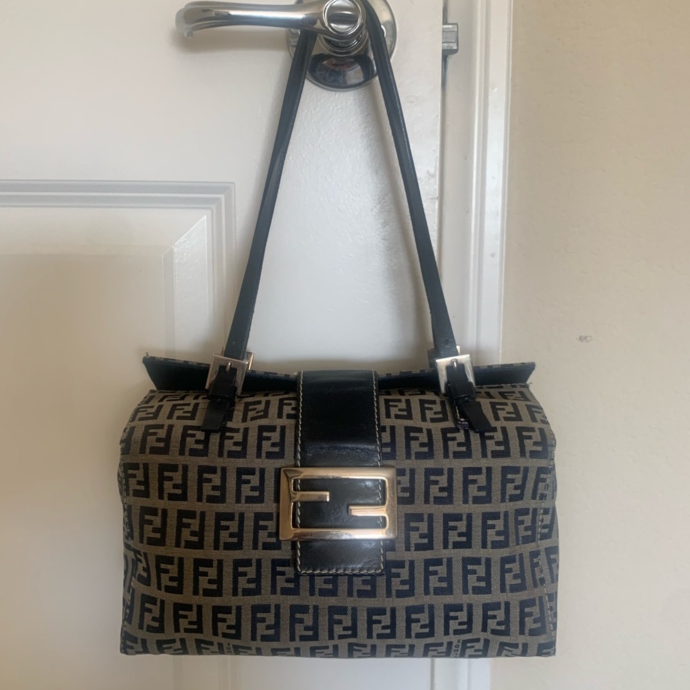 Authentic vintage Fendi Zucchino navy blue leather canvas bag